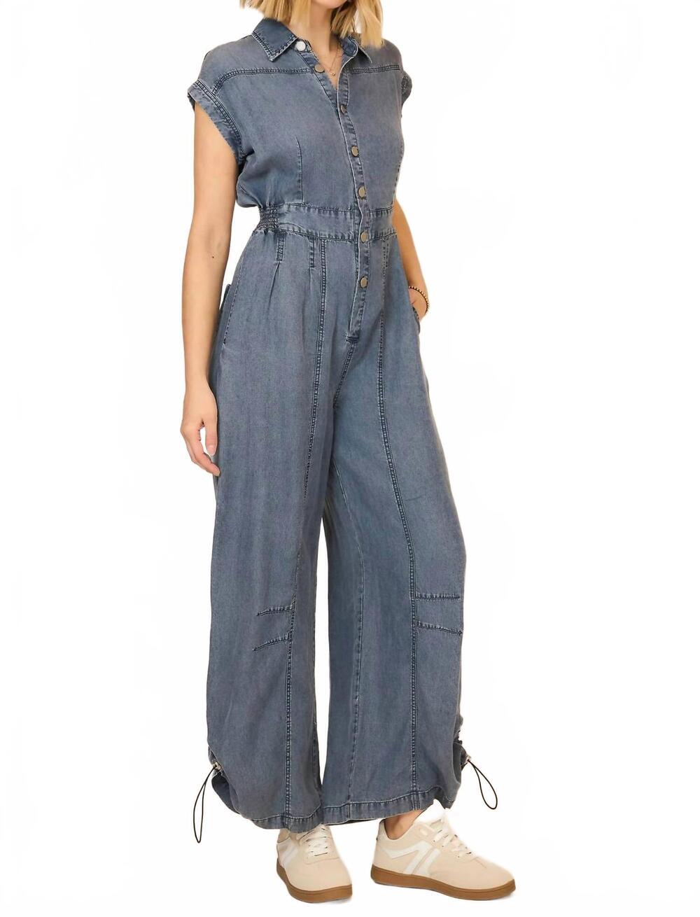 NEW COZY CO. denim ruffle jumpsuit in chambray